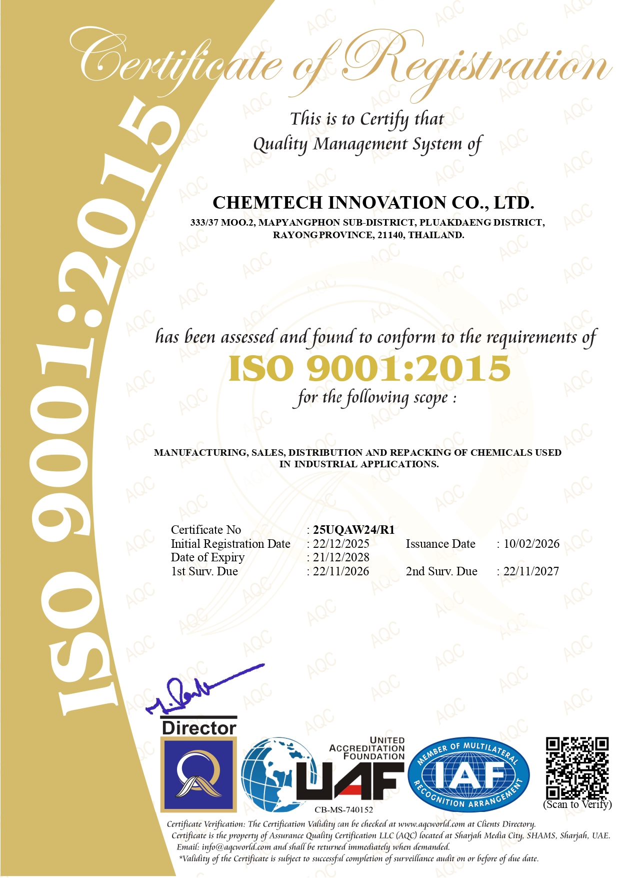 ใบรับรอง ISO 9001:2015 — บริษัท เคมเทค อินโนเวชั่น จำกัด
